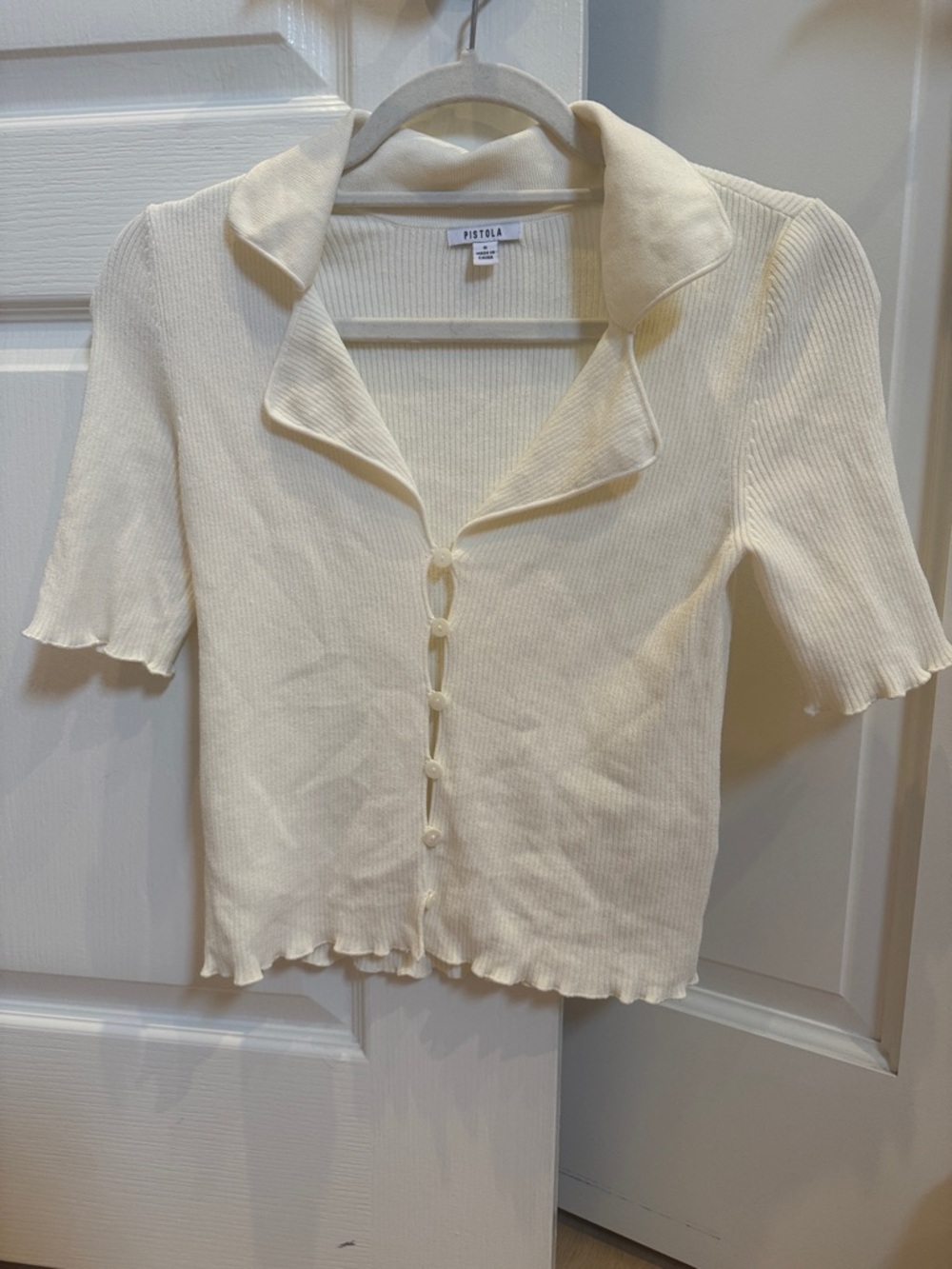 pistola ivory ribbed short-sleeve button-down top